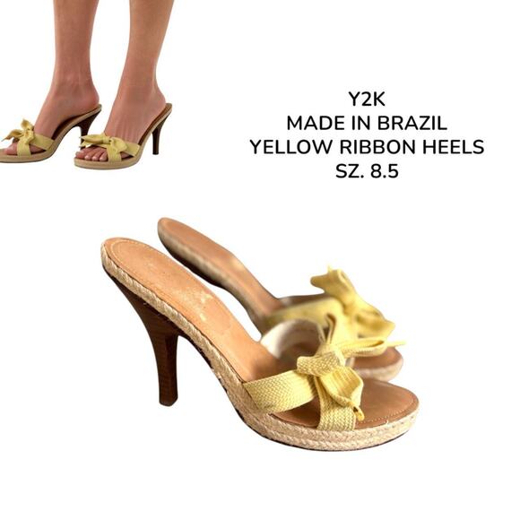 Y2K VTG. YELLOW RIBBON HIGH HEEL SANDALS SZ. 8-8.5 DANI BLACK - Picture 1 of 8